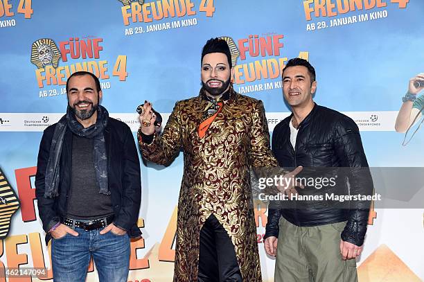 Adnan Maral, Jens Atzorn and Harald Gloeoeckler attend the premiere of the film 'Fuenf Freunde 4' at Cinemaxx on January 25, 2015 in Munich, Germany.