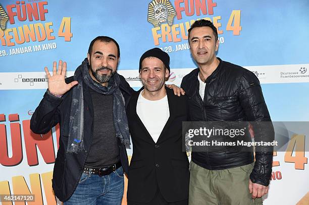 Adnan Maral, Mike Marzuk and Mehmet Kurtulus attend the premiere of the film 'Fuenf Freunde 4' at Cinemaxx on January 25, 2015 in Munich, Germany.