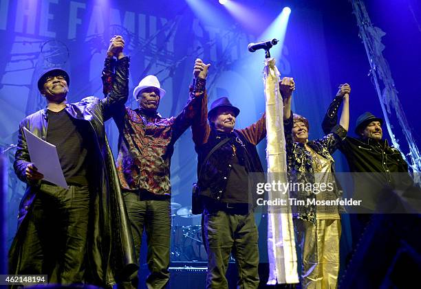 Members of Sly and the Family Stone Freddie Stone, Rustee Allen, Jerry Martini, Cynthia Robinson, and Greg Errico attend "Love City" A Convention and...