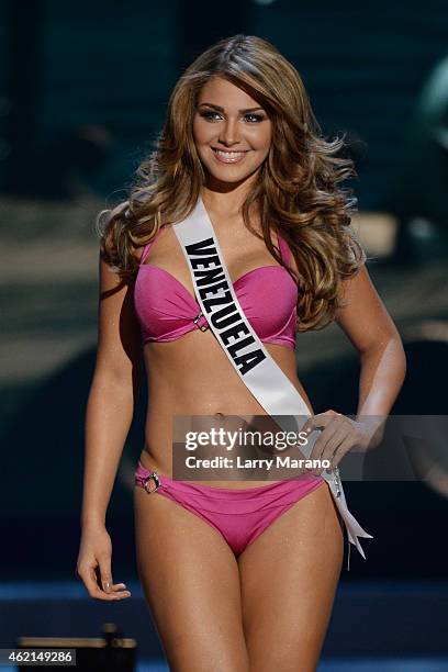 Miss Venezuela Migbelis Lynette Castellanos participtaes in the 63rd Annual Miss Universe Preliminary Show at Florida International University on...