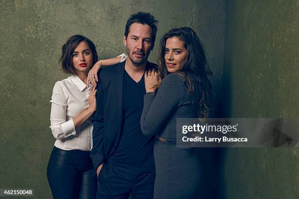 Actors Ana de Armas, Keanu Reeves and Lorenza Izzo from "Knock Knock" pose for a portrait at the Village at the Lift Presented by McDonald's McCafe...