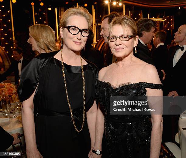 Actresses Meryl Streep and Dianne Wiest with Moet & Chandon At The 71st Annual Golden Globe Awards at the Beverly Hilton Hotel on January 12, 2014 in...