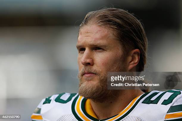 Clay Matthews of the Green Bay Packers looks on against the Seattle Seahawks during the 2015 NFC Championship game at CenturyLink Field on January...