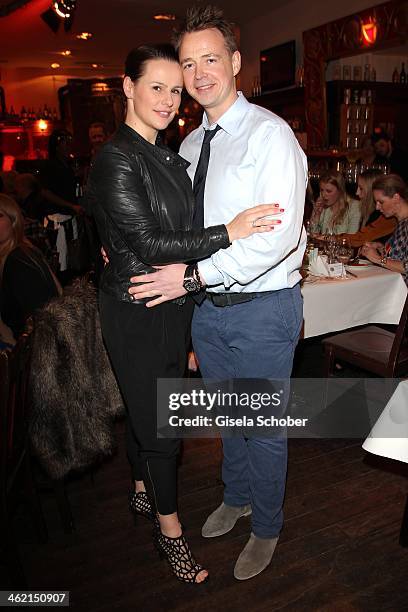 Holger Stromberg and wife Nikita attend the celebration of Hugo Bachmaier's 56th birthday at Bachmaier Hofbraeu on January 12, 2014 in Munich,...