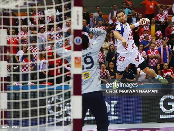 Croatia's Ivan Cupic attempts a shot on goal during the 24th Men's Handball World Championships Eighth Final EF7 match between Croatia and Brazil at...