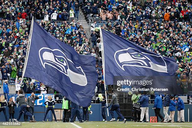 Seattle Seahawks flags during the 2015 NFC Championship game against the Green Bay Packers at CenturyLink Field on January 18, 2015 in Seattle,...