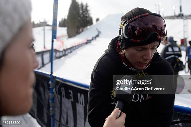 Torstein Horgmo reacts to placing third during the men's snowboard slopestyle final. Winter X Games on Sunday, January 25, 2015.