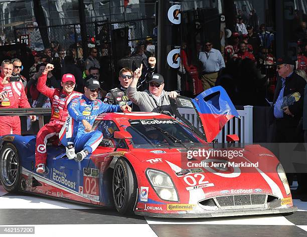 The Chip Ganassi Racing with Felix Sabates Target/Ford EcoBoost Riley driven by Scott Dixon, Tony Kanaan, Kyle Larson and Jamie McMurray celebrates...