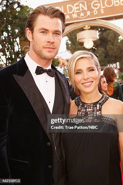 71st ANNUAL GOLDEN GLOBE AWARDS -- Pictured: Actors Chris Hemsworth and Elsa Pataky arrive to the 71st Annual Golden Globe Awards held at the Beverly...