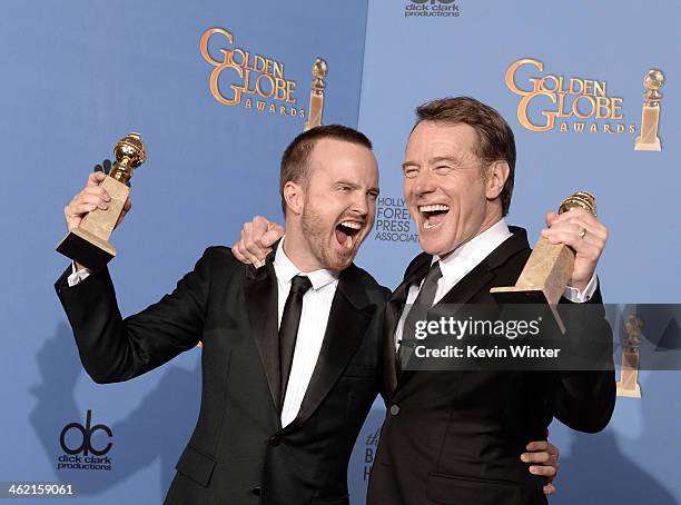 Actors Aaron Paul and Bryan Cranston, winners of Best Series - Drama for 'Breaking Bad,' pose in the press room during the 71st Annual Golden Globe...