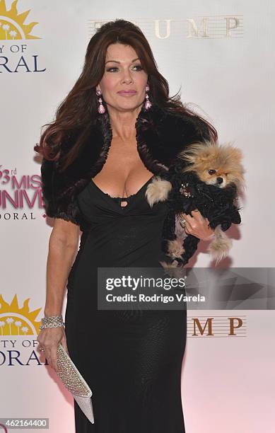 Lisa Vanderpump and her dog, Giggy, attends The 63rd Annual Miss Universe Pageant at Trump National Doral on January 25, 2015 in Doral, Florida.