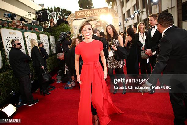 71st ANNUAL GOLDEN GLOBE AWARDS -- Pictured: Actress Emma Watson arrives to the 71st Annual Golden Globe Awards held at the Beverly Hilton Hotel on...