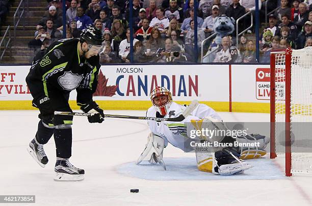 Zemgus Girgensons of the Buffalo Sabres and Team Foligno shoots against Roberto Luongo of the Florida Panthers and Team Toews in the first period...