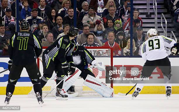 Jakub Voracek of the Philadelphia Flyers and Team Toews shoots against Carey Price of the Montreal Canadiens and Team Foligno in the first period...