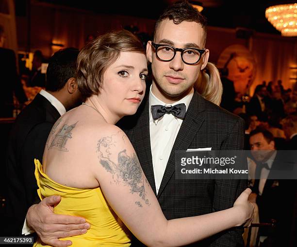 Actress/writer Lena Dunham and musician Jack Antonoff with Moet & Chandon At The 71st Annual Golden Globe Awards at the Beverly Hilton Hotel on...
