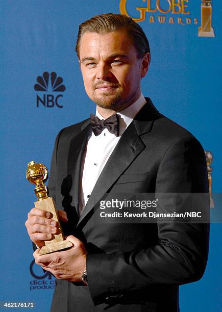 71st ANNUAL GOLDEN GLOBE AWARDS -- Pictured: Actor Leonardo DiCaprio poses with his award for Best Performance in a Motion Picture  Musical or...