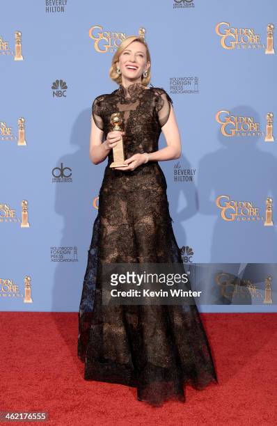 Actress Cate Blanchett, winner of Best Actress in a Motion Picture - Drama for 'Blue Jasmine,' poses in the press room during the 71st Annual Golden...