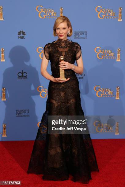 Actress Cate Blanchett poses in the press room during the 71st Annual Golden Globe Awards held at The Beverly Hilton Hotel on January 12, 2014 in...