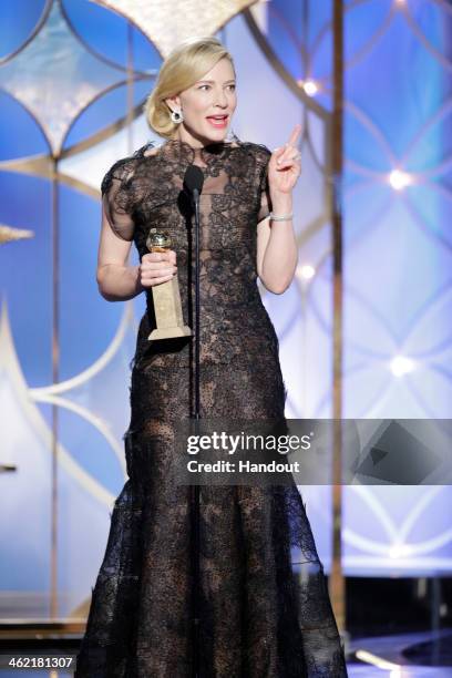 In this handout photo provided by NBCUniversal, Cate Blanchett accepts the award for Best Actress in a Motion Picture, Drama for "Blue Jasmine"...