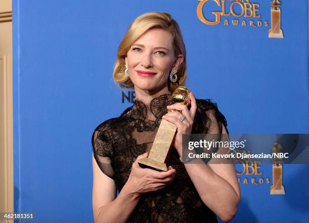 71st ANNUAL GOLDEN GLOBE AWARDS -- Pictured: Actress Cate Blanchett poses with her award for Best Performance by an Actress in a Motion Picture -...