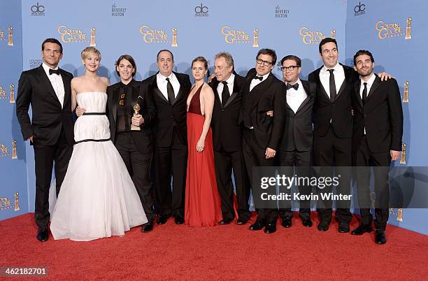 Cast and producers of 'American Hustle,' winners of Best Motion Picture - Musical or Comedy for 'American Hustle,' pose in the press room during the...