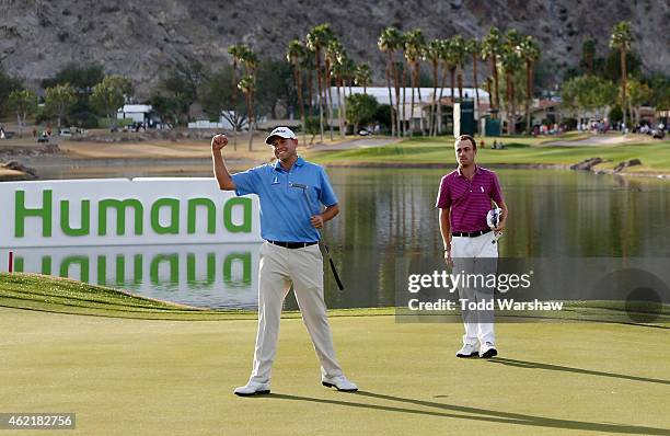 Bill Haas of the United States celebrates after winning on the 18th hole during the final round of the Humana Challenge in partnership with The...