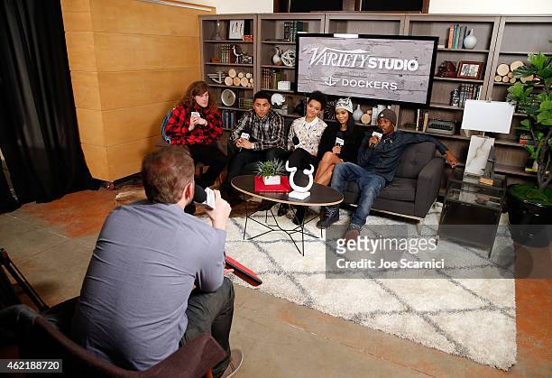 Actors Blake Anderson, Quincy Brown, Kiersey Clemons, Chanel Iman, and Shameik Moore attend The Variety Studio At Sundance Presented By Dockers on...