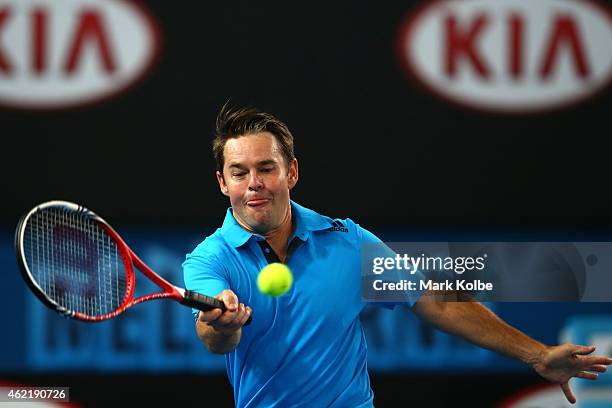 Todd Woodbridge of Australia in action in their legends doubles match during day eight of the 2015 Australian Open at Melbourne Park on January 26,...