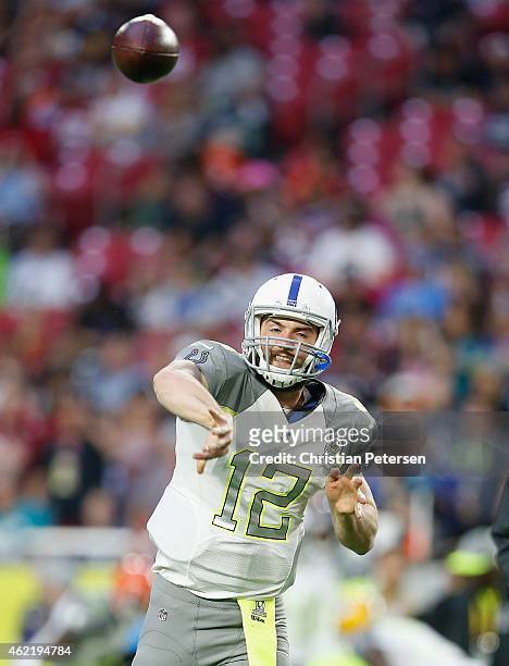 Team Carter quarterback Andrew Luck of the Indianapolis Colts warms up before the 2015 Pro Bowl at University of Phoenix Stadium on January 25, 2015...