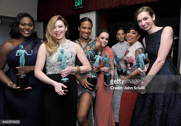 Actors Danielle Brooks,Natasha Lyonne, Vicky Jeudy,Taryn Manning, Dascha Polanco, Selenis Leyva and Lauren Lapkus accepts awards for Outstanding...