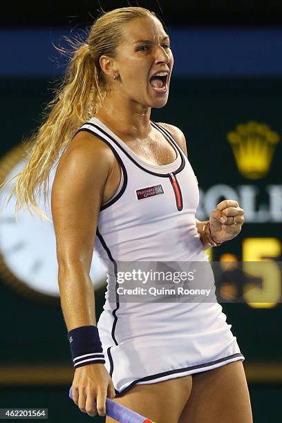 Dominika Cibulkova of Slovakia celebrates winning in her fourth round match against Victoria Azarenka of Belarus during day eight of the 2015...