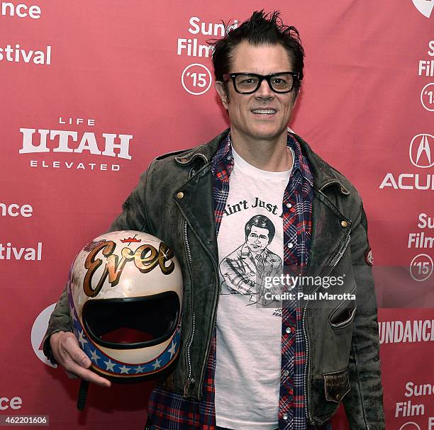 Producer Johnny Knoxville, holding Evel Knievel's helmet, attends the premiere screening of "Being Evel" during the 2015 Sundance Film Festival on...