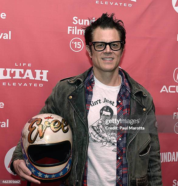 Producer Johnny Knoxville, holding Evel Knievel's helmet, attends the premiere screening of "Being Evel" during the 2015 Sundance Film Festival on...