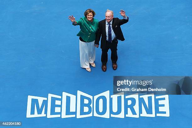 Margaret Court and Rod Laver wave during the official opening ceremony of Margaret Court Arena during day eight of the 2015 Australian Open at...