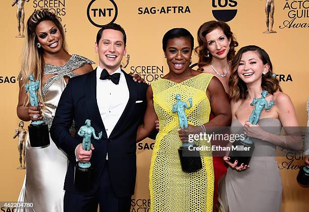Actors Laverne Cox, Matt McGorry, Uzo Aduba, Alysia Reiner, and Kimiko Glenn, winners of Outstanding Performance by an Ensemble in a Comedy Series...
