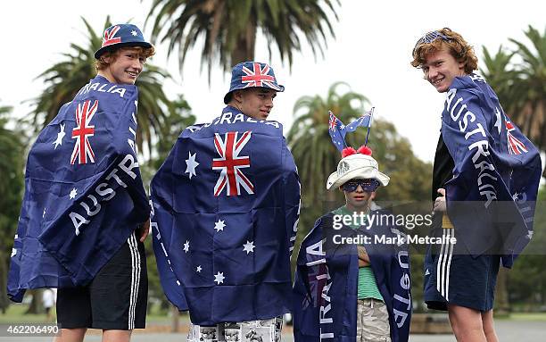 Australian fans pose outside the ground before the One Day International match between Australia and India at Sydney Cricket Ground on January 26,...
