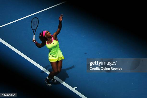 Serena Williams of the United States serves in her fourth round match against Garbine Muguruza of Spain during day eight of the 2015 Australian Open...