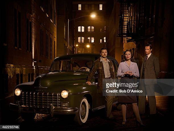 Walt Disney Television via Getty Images's "Marvel's Agent Carter" stars Dominic Cooper as Howard Stark, Hayley Atwell as Agent Peggy Carter and James...