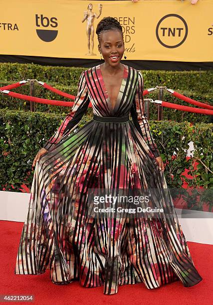 Actress Lupita Nyong'o arrives at the 21st Annual Screen Actors Guild Awards at The Shrine Auditorium on January 25, 2015 in Los Angeles, California.