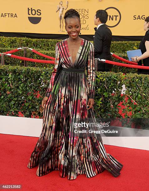 Actress Lupita Nyong'o arrives at the 21st Annual Screen Actors Guild Awards at The Shrine Auditorium on January 25, 2015 in Los Angeles, California.