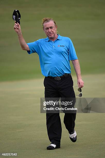 Miguel Angel Jimenez of Spain reacts on the 18th green after winning the Champions Tour Mitsubishi Electric Championship at Hualalai Golf Club on...