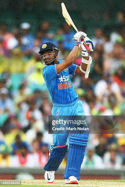 Ajinkya Rahane of India bats during the One Day International match between Australia and India at Sydney Cricket Ground on January 26, 2015 in...