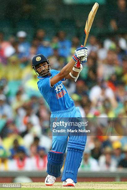 Ajinkya Rahane of India bats during the One Day International match between Australia and India at Sydney Cricket Ground on January 26, 2015 in...