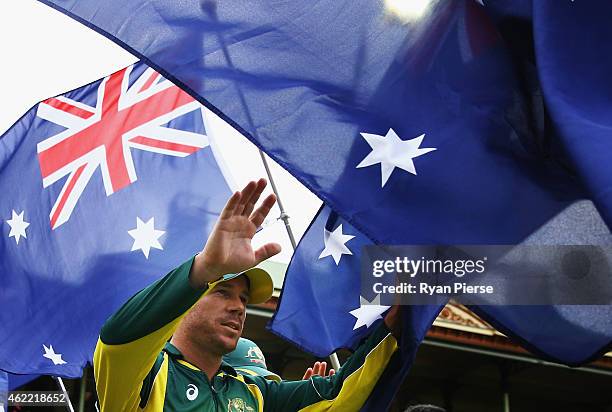 David Warner of Australia walks onto the ground during the One Day International match between Australia and India at Sydney Cricket Ground on...