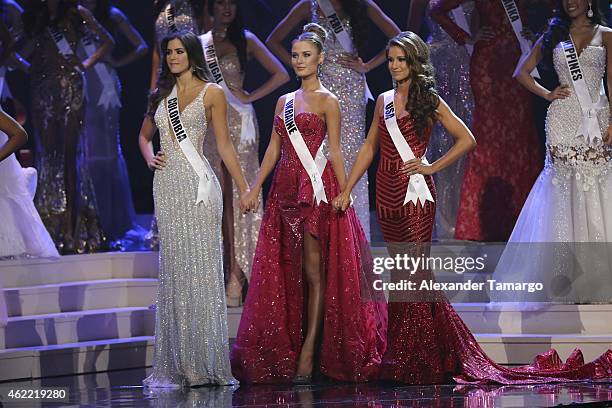 Miss Colombia Paulina Vega, Miss Ukraine Diana Harkusha and Miss USA Nia Sanchez onstage during The 63rd Annual Miss Universe Pageant at Florida...