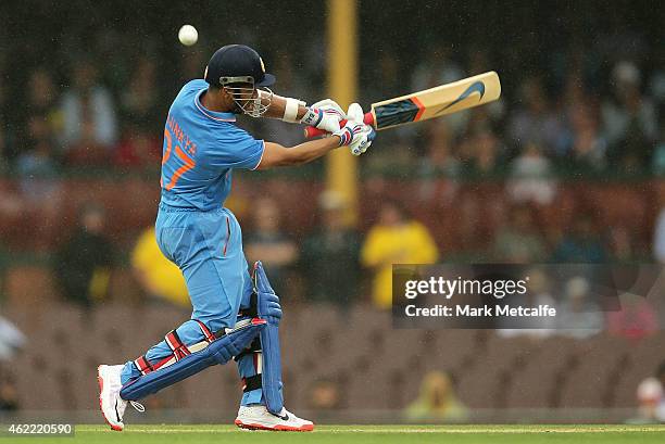 Ajinkya Rahane of India bats during the One Day International match between Australia and India at Sydney Cricket Ground on January 26, 2015 in...