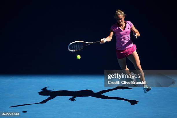 Klara Zakopalova of the Czech Republic plays a forehand in her first round match against Samantha Stosur of Australia during day one of the 2014...