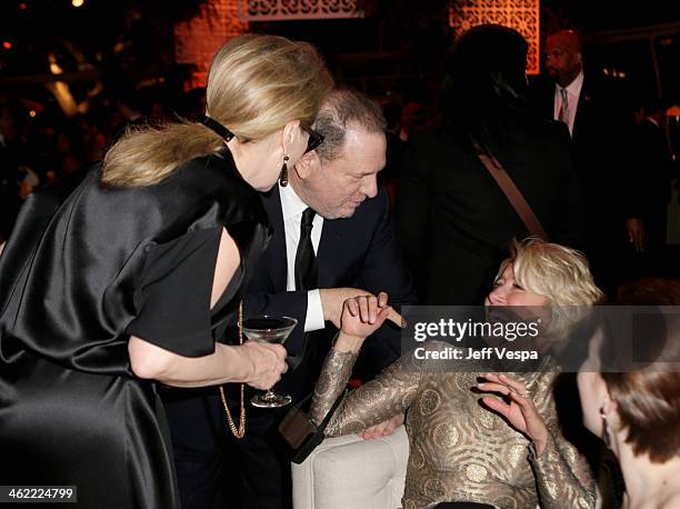 Actress Meryl Streep, producer Harvey Weinstein, and actress Emma Thompson attend The Weinstein Company & Netflix's 2014 Golden Globes After Party...