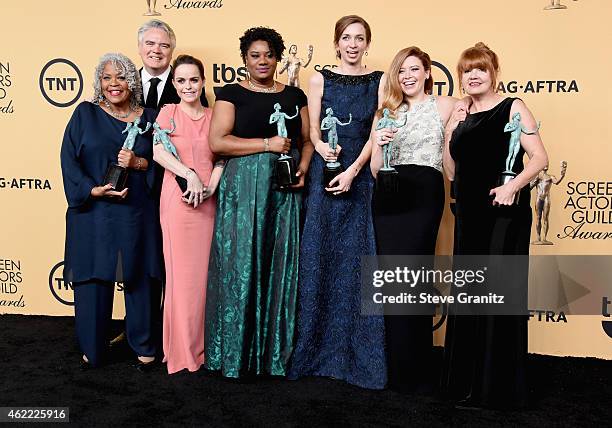 Actors Yvette Freeman, Michael J. Harney, Taryn Manning, Adrienne C. Moore, Lauren Lapkus, Natasha Lyonne and Annie Golden pose in the press room at...