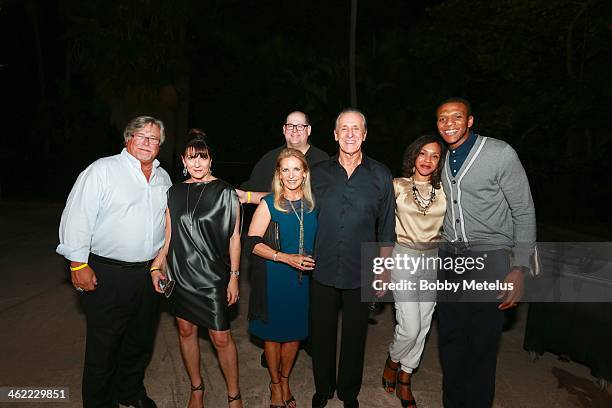 Mickey Arison, Madeleine Arison, Andy Elisburg, Chris Riley, Pat Riley, Tamika Jones and James Jones attend Dwyane Wade's "Rock The Boat" 32nd...